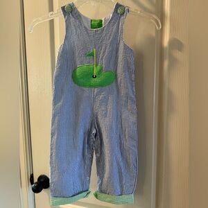 MudPie 2T/3T Seersucker romper Blue and White with Green Golf Design